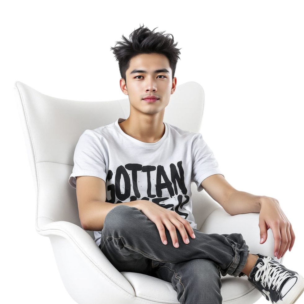 A young man sitting in a chair with his legs crossed png