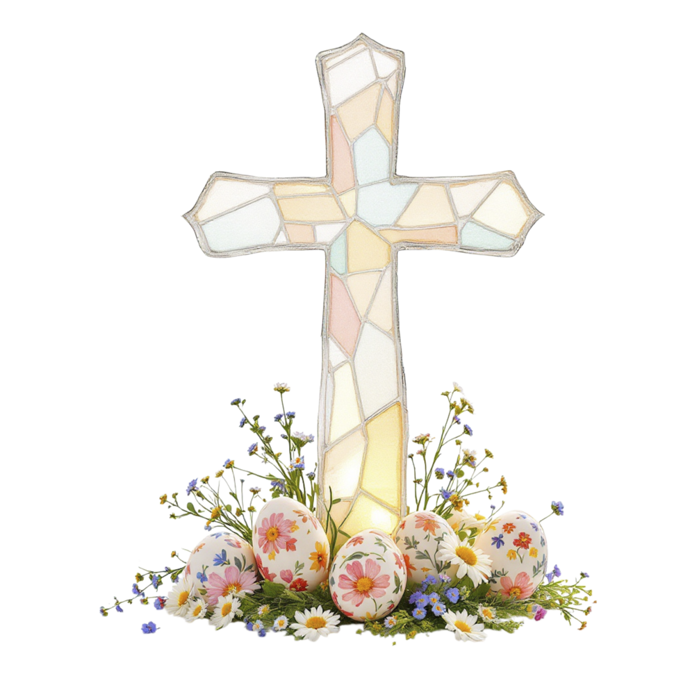 A stained glass cross with flowers and eggs png