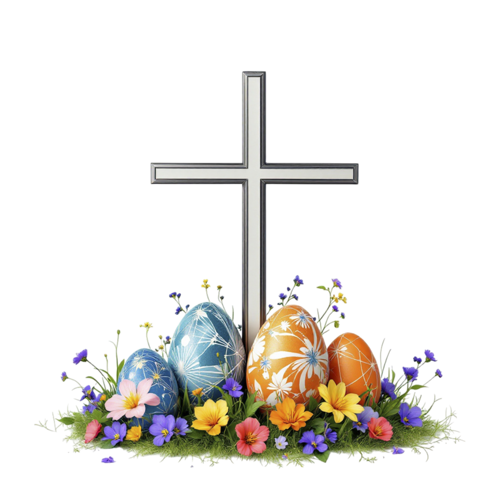 Easter eggs and cross with flowers and grass png