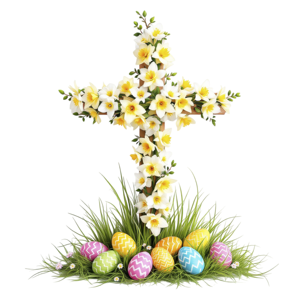 Easter cross with flowers and eggs png