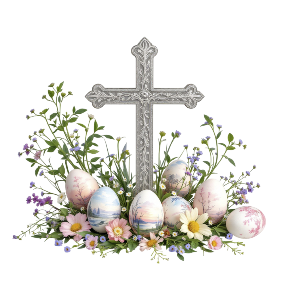 Easter cross and eggs with flowers png