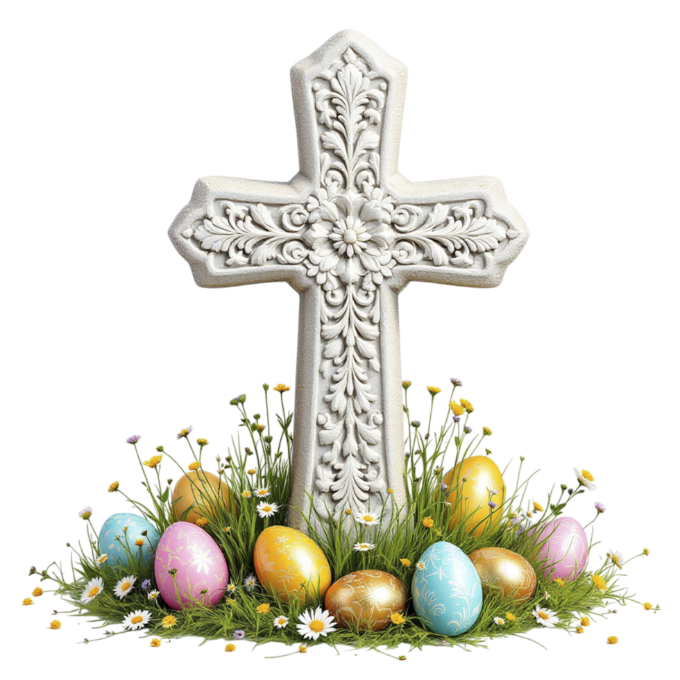 Easter cross with eggs and flowers png