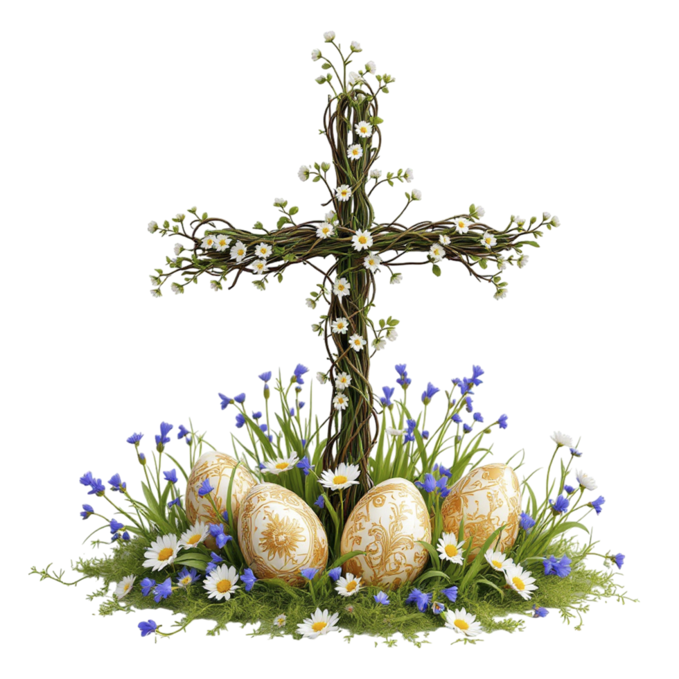 Easter eggs and flowers on a cross with a tree png
