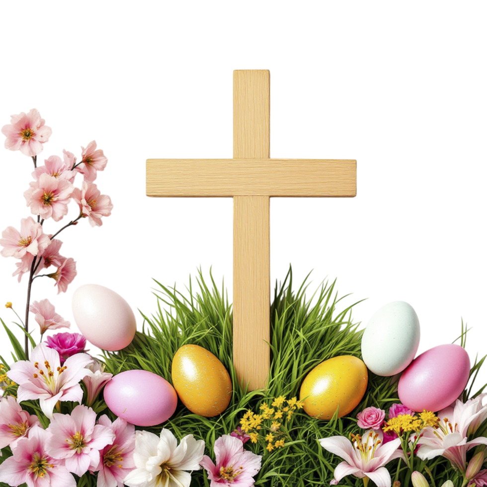 Easter flowers and easter cross on black background png