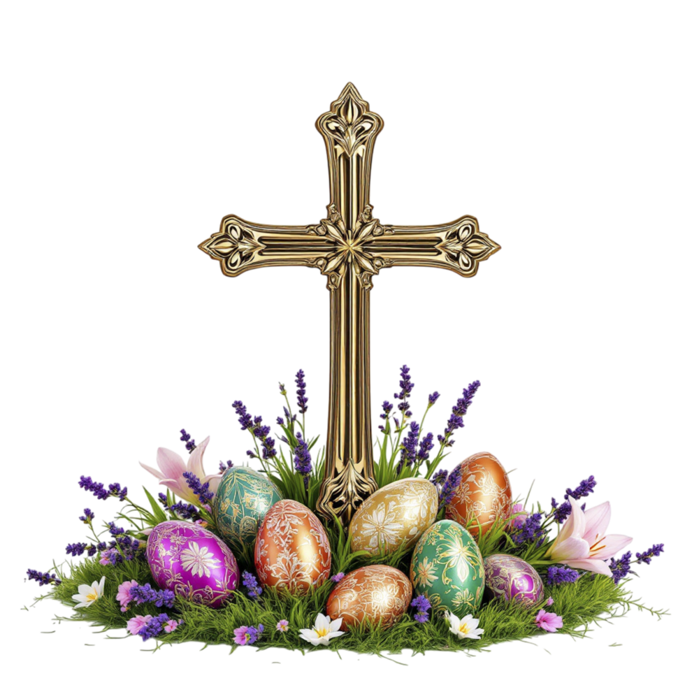 Easter eggs and cross with lavender flowers png