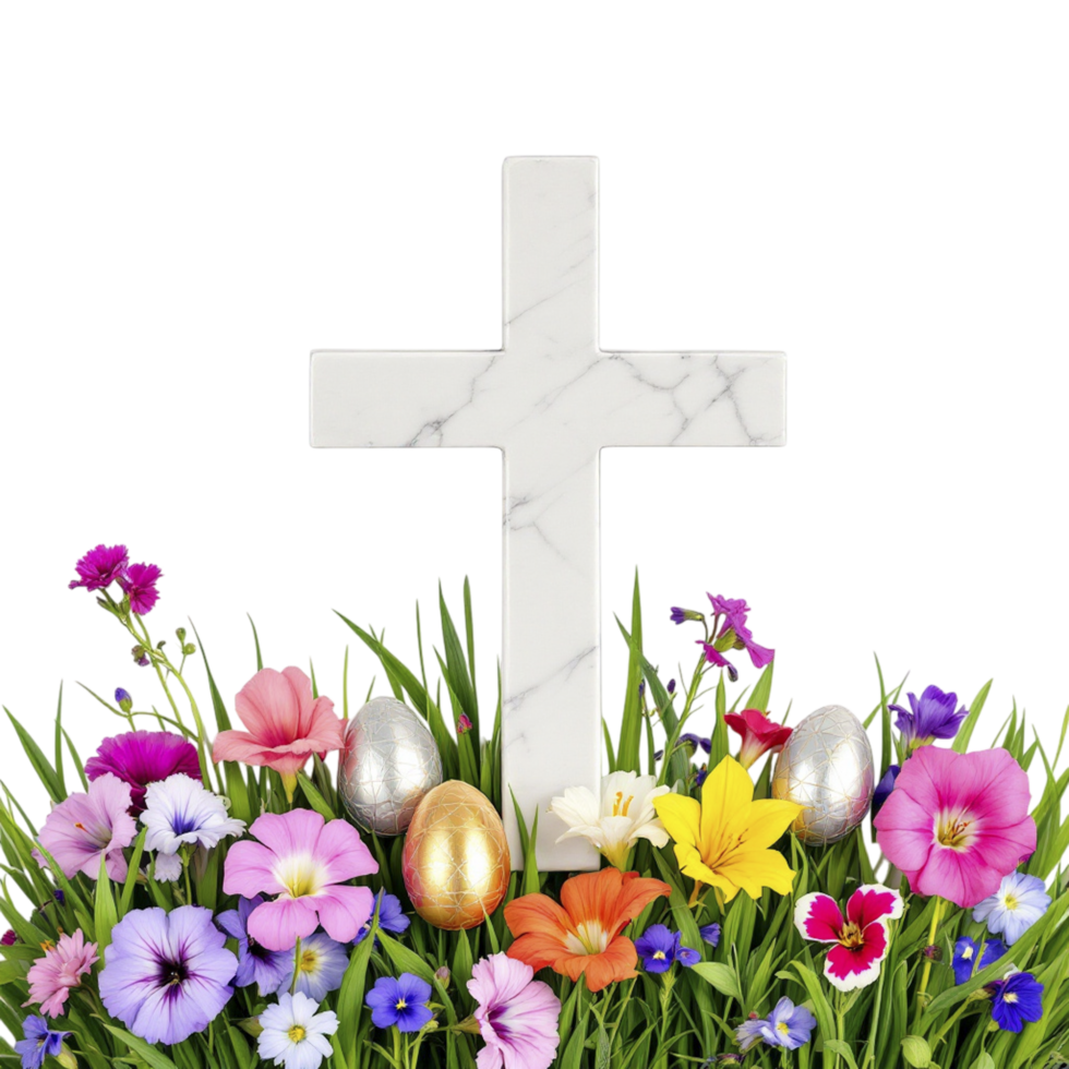 Easter flowers and cross on grass with black background png