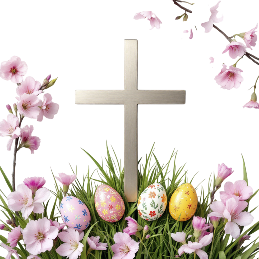 Easter eggs in the grass with a cross and flowers png