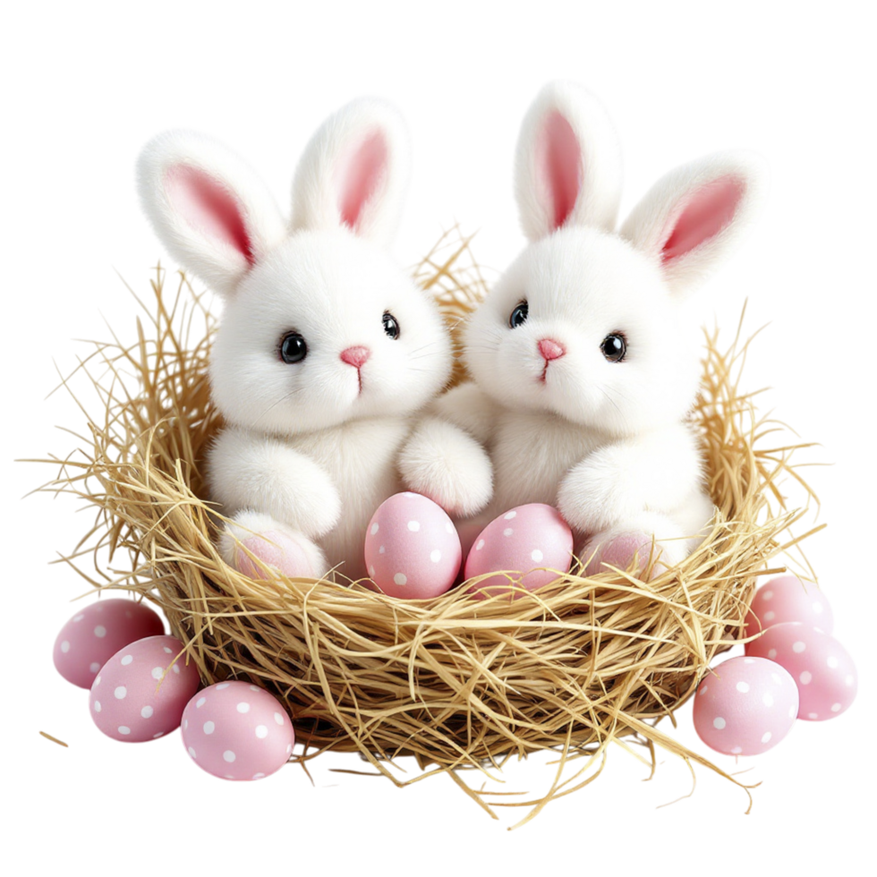 Two white bunnies in a nest with pink eggs png