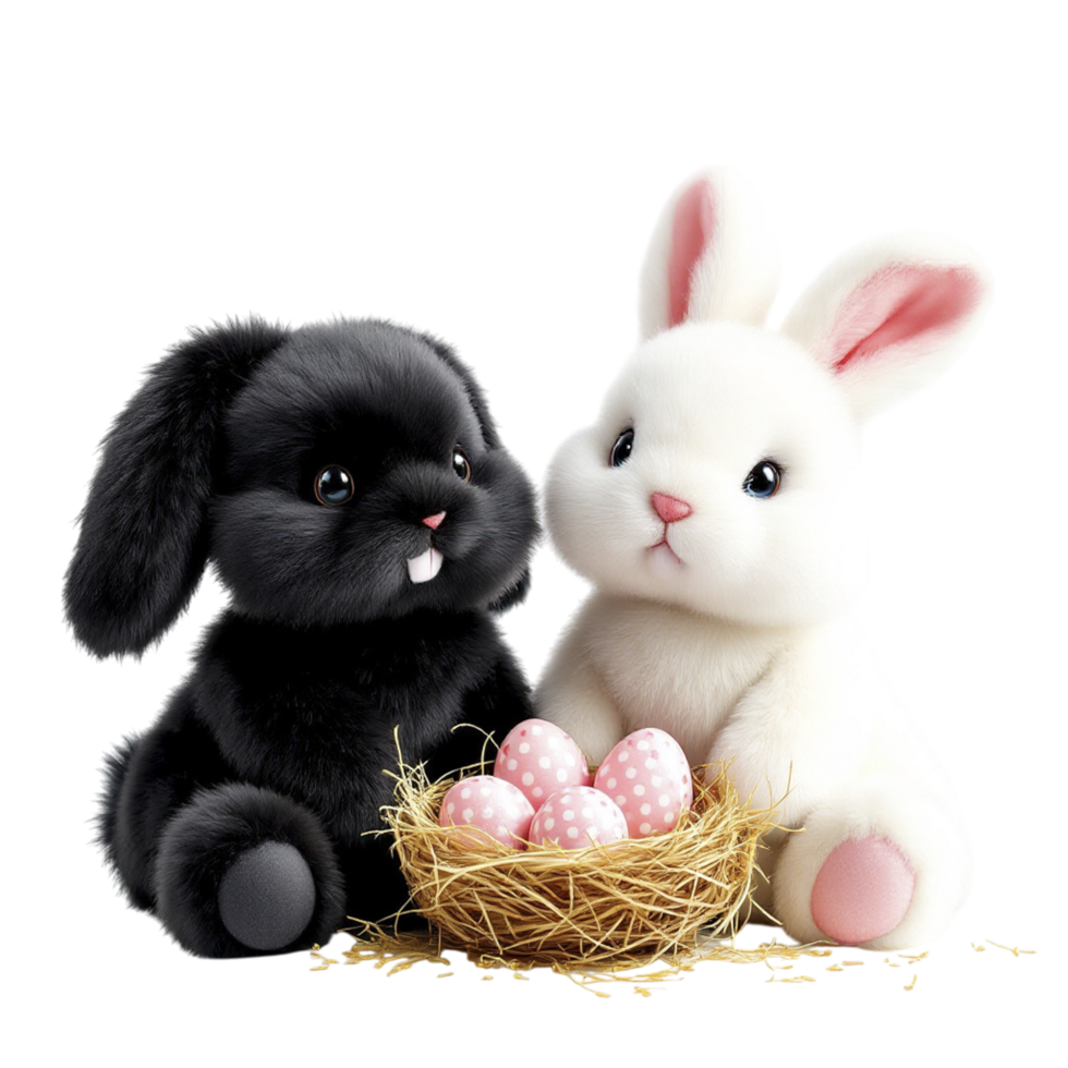 Two black and white rabbits sitting in a nest with eggs png