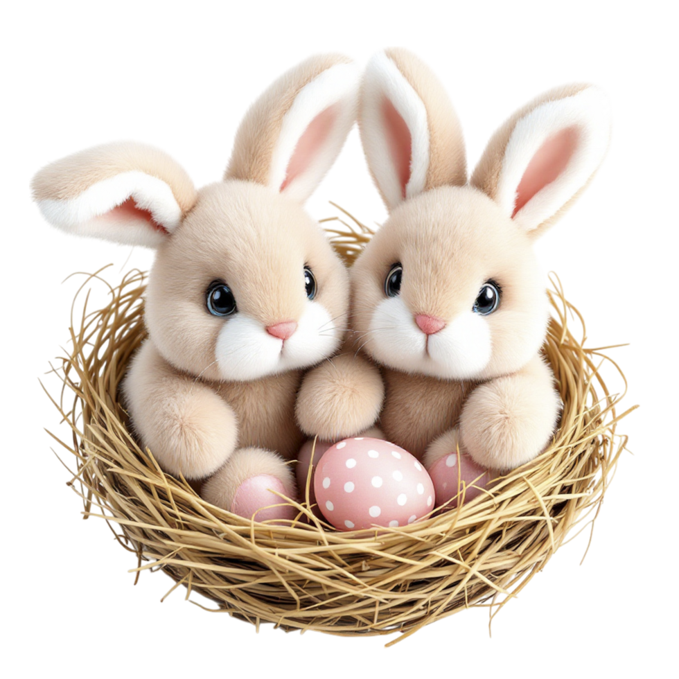Two brown bunny rabbits in a nest with pink eggs png