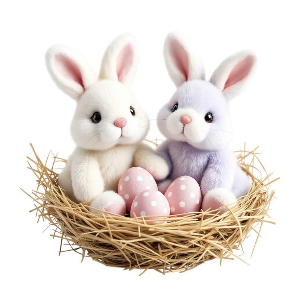 Two white and purple bunnies in a nest with eggs png