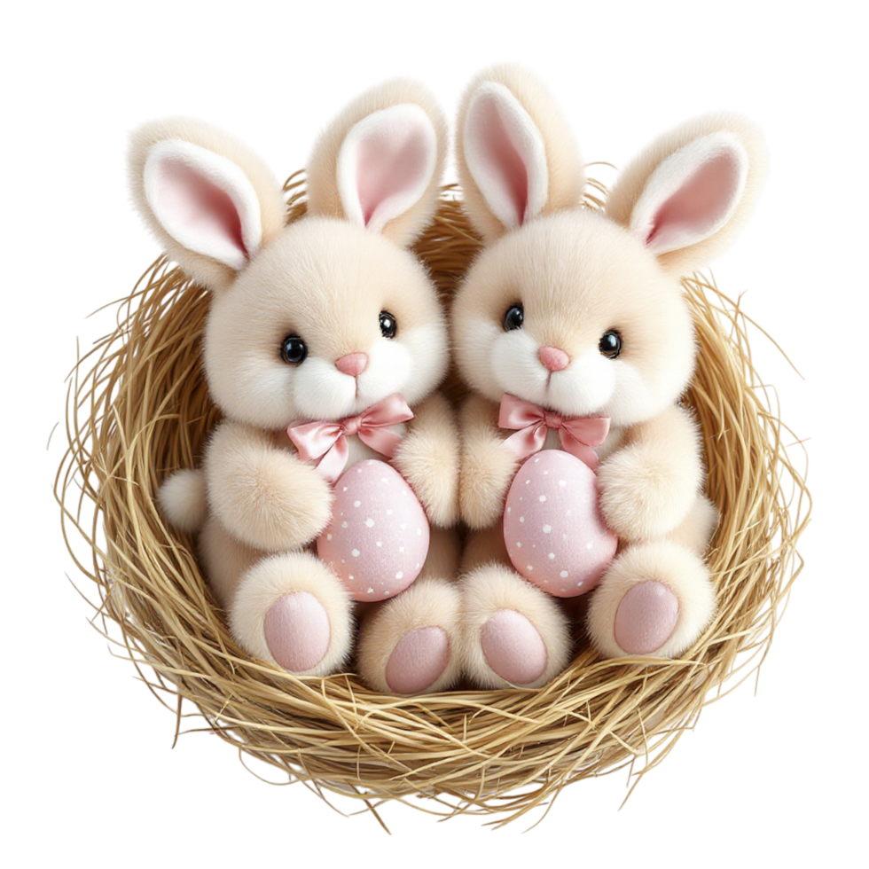 Two cute little bunnies in a nest with pink eggs png