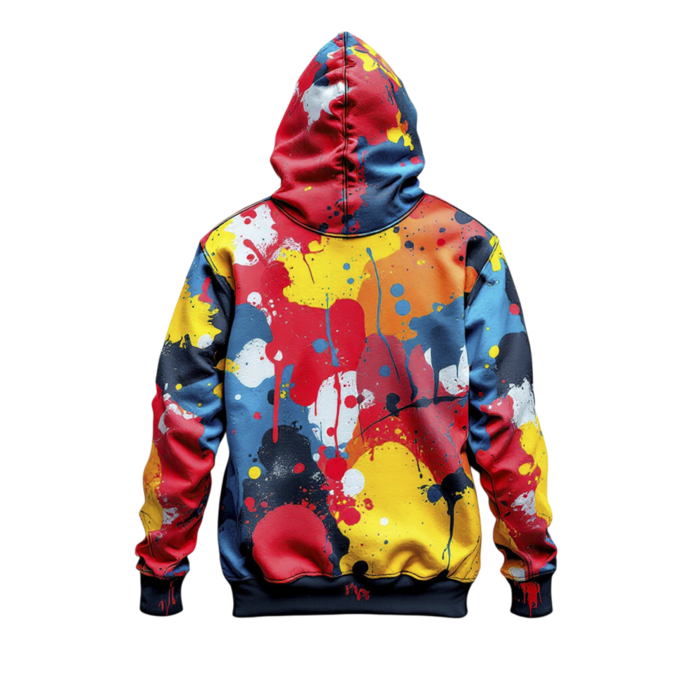 A colorful hoodie with paint splatters on it png
