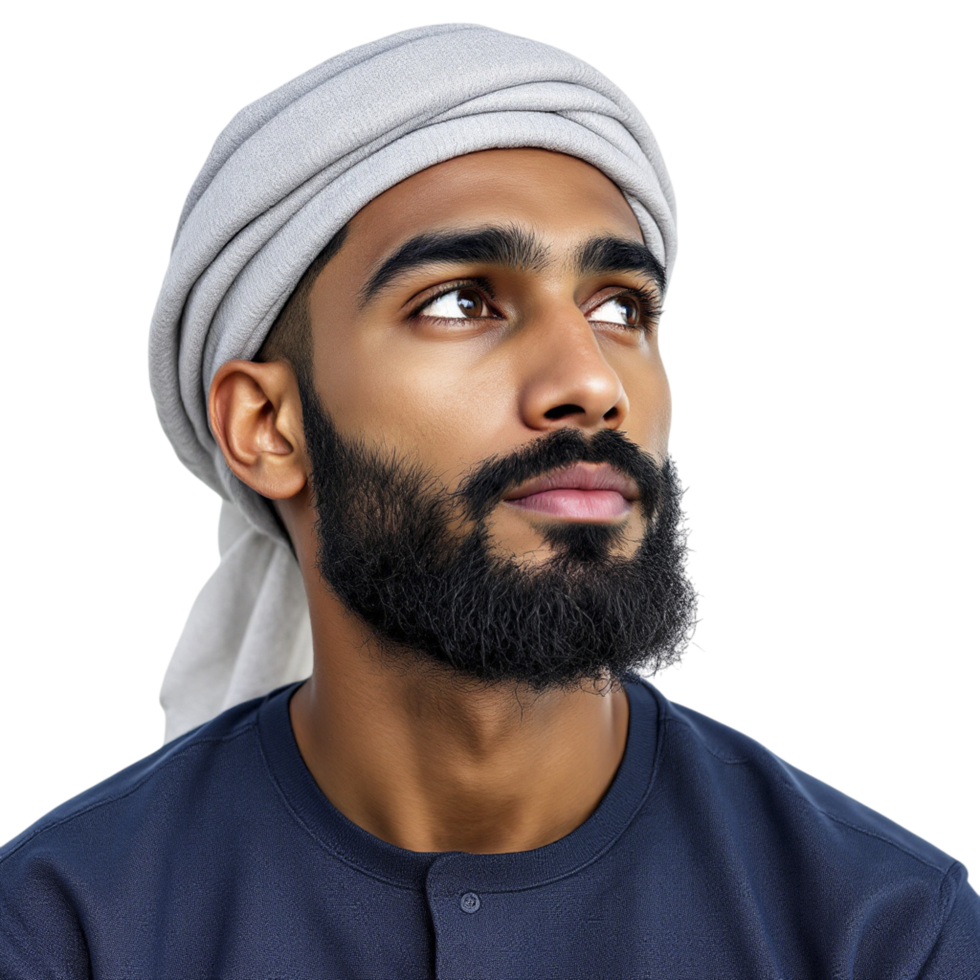 A man with a beard and turban looking up png