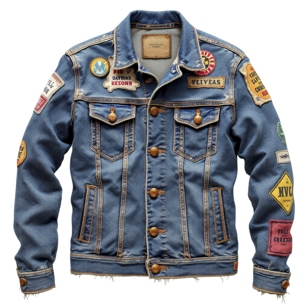 A denim jacket with patches on it png