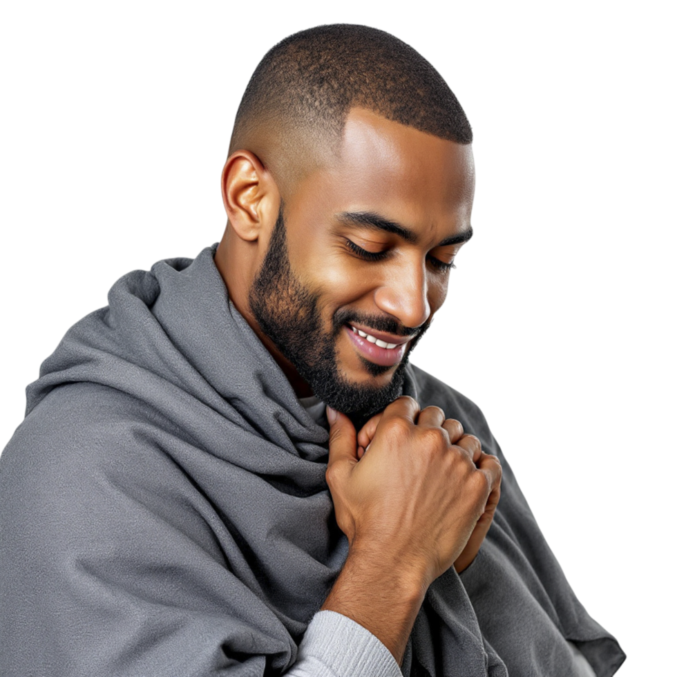 A man in a gray blanket is smiling png