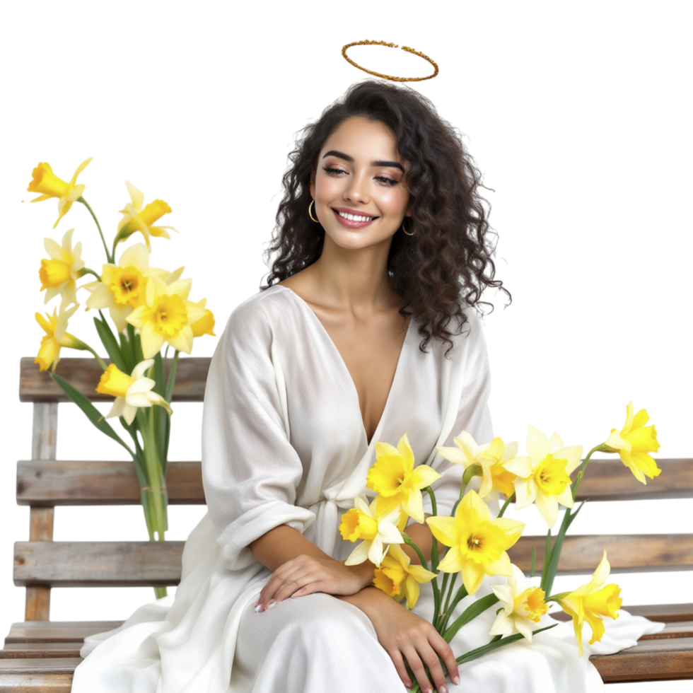 A woman in white sitting on a bench with daffodils png
