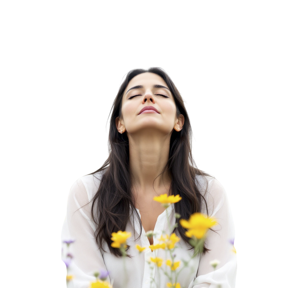 A woman is breathing deeply while holding a bunch of flowers png