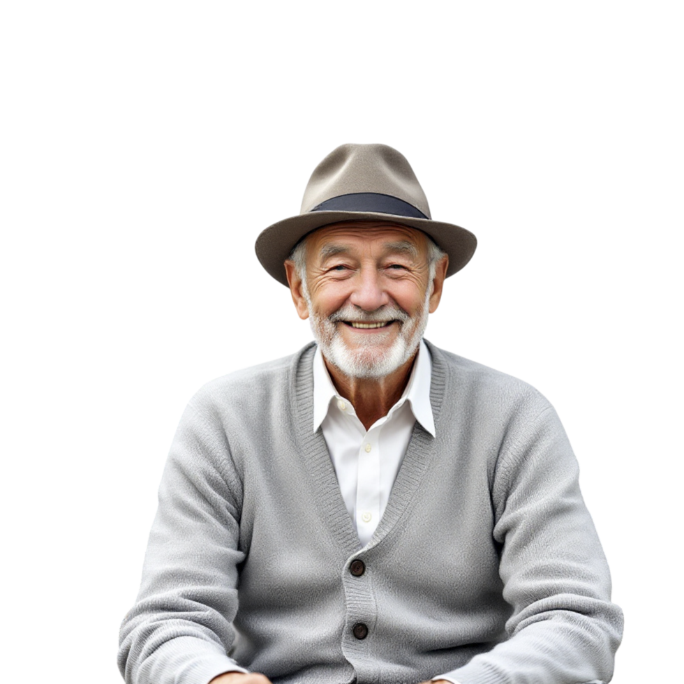 An older man in a hat and sweater sitting on a chair png