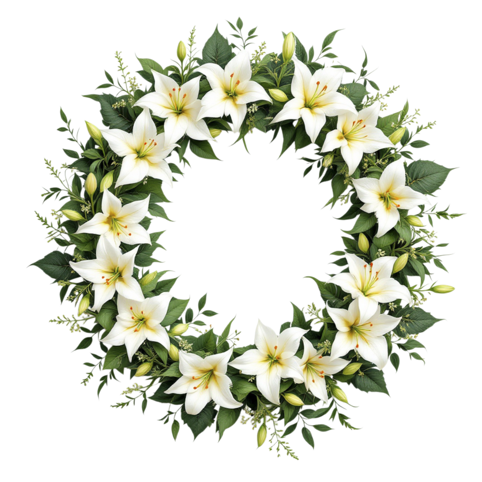 A wreath of white lilies is shown on a black background png