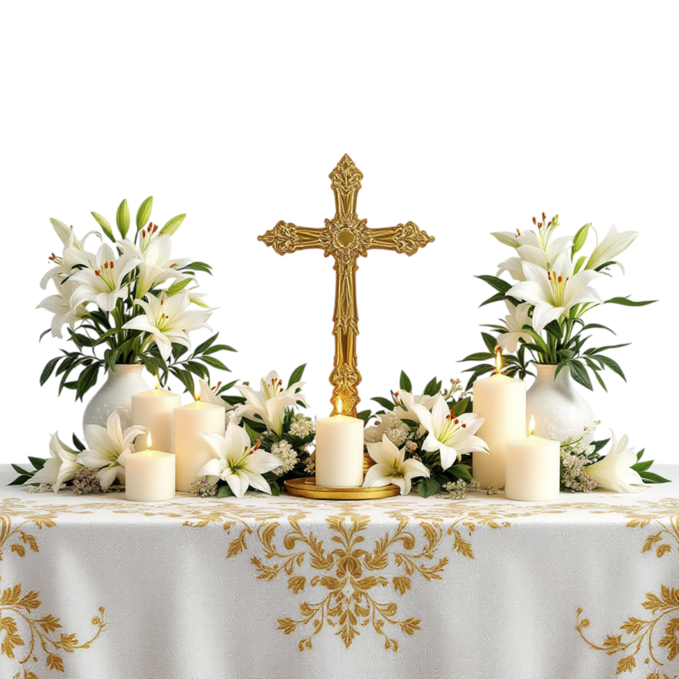 A cross and candles are on a table with white flowers png