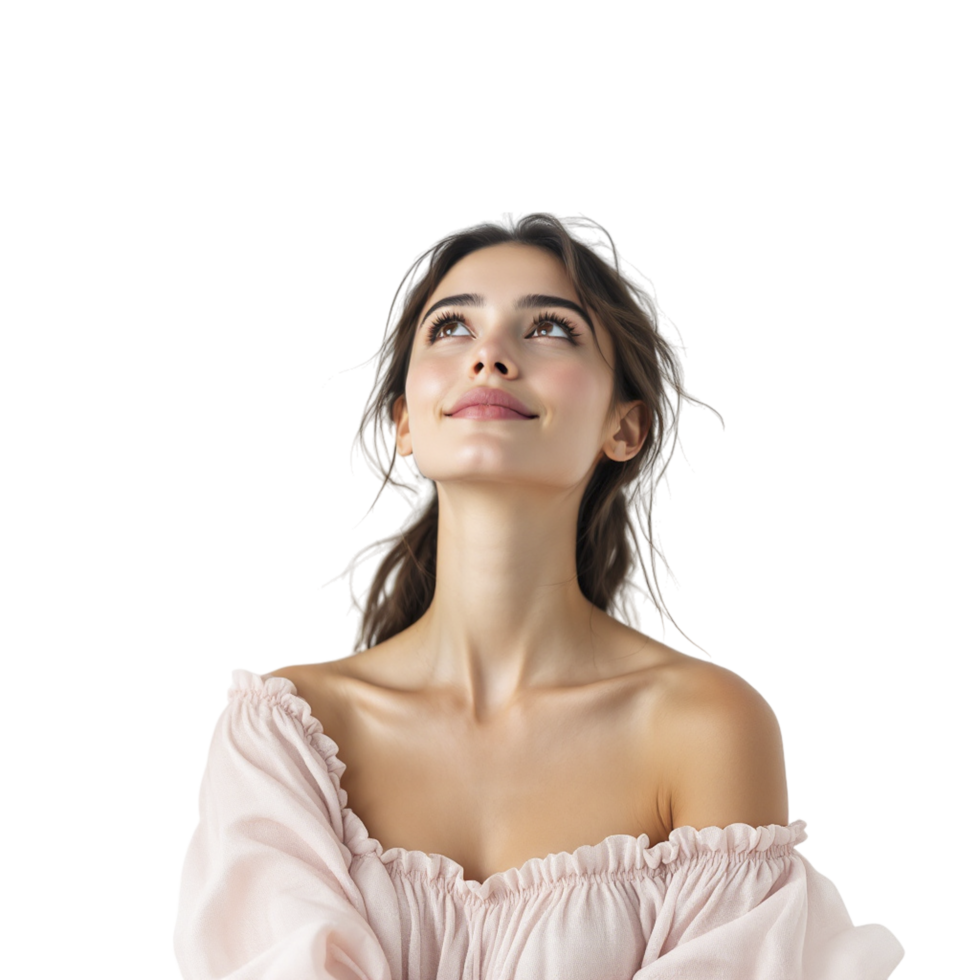 A woman in a pink dress looking up png