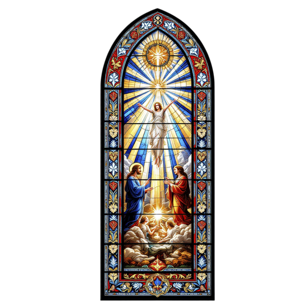 A stained glass window with jesus on the cross png