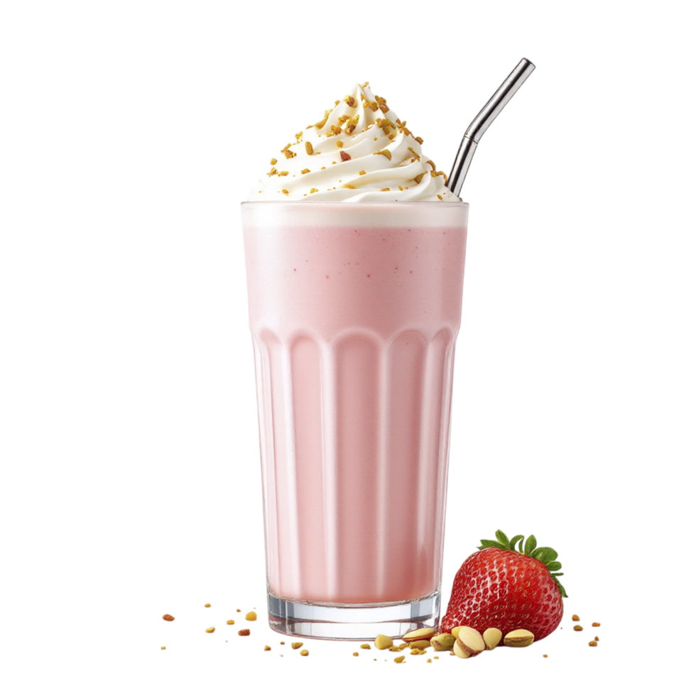 A strawberry milkshake with whipped cream and nuts png