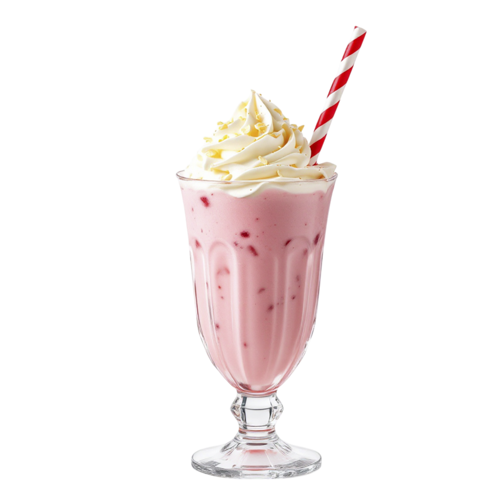 A strawberry milkshake with whipped cream and a striped straw png