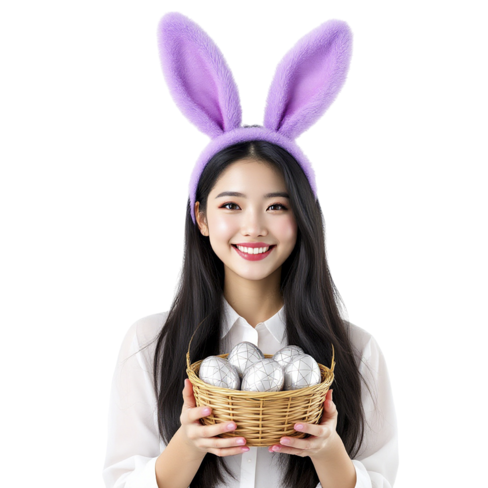 A woman wearing bunny ears holding a basket with eggs png