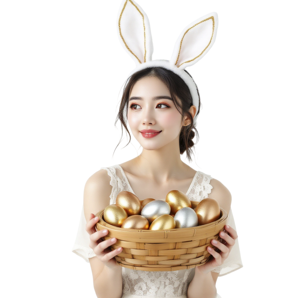 A woman wearing bunny ears holding a basket of gold eggs png