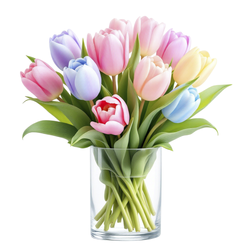 A vase filled with colorful tulips png