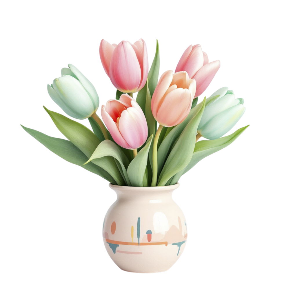 A vase with pink and green tulips in it png