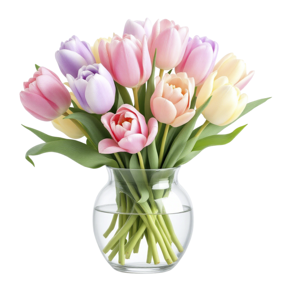 A vase filled with pink, yellow and purple tulips png