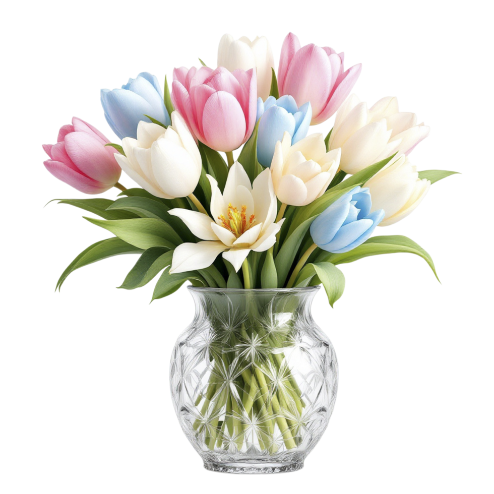 A vase filled with tulips is shown png