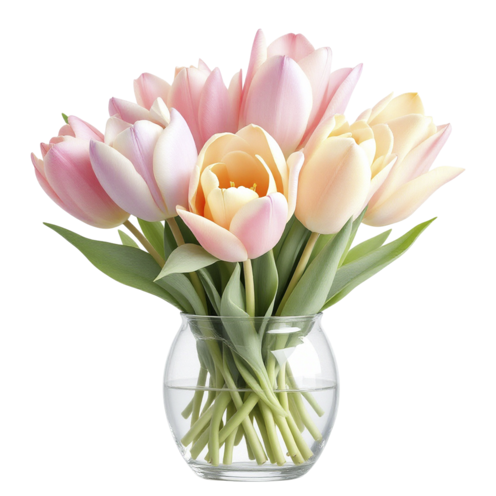 A vase with pink and yellow tulips in it png