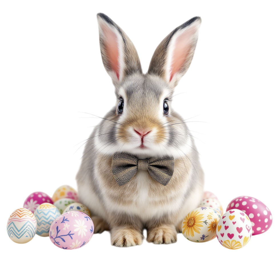 A rabbit with a bow tie sitting in front of a bunch of colorful eggs png