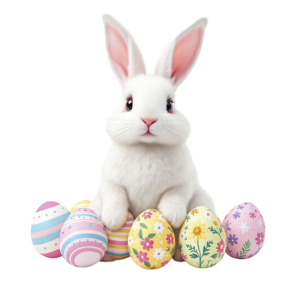 A white rabbit sitting on top of a pile of decorated eggs png