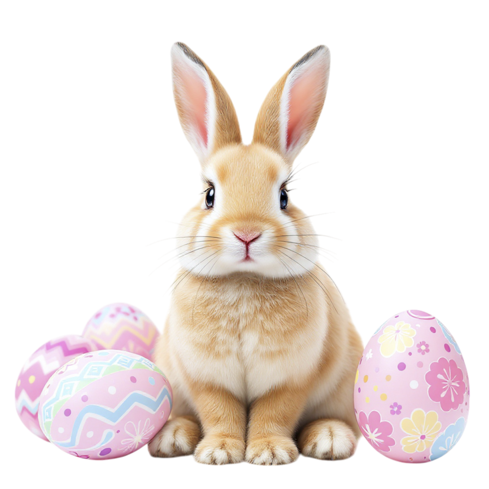 A bunny is sitting next to some colorful eggs png