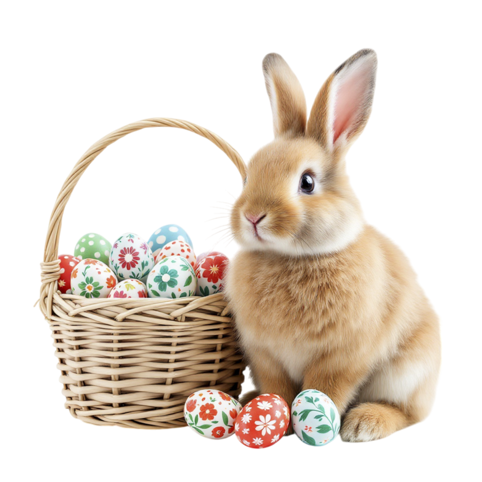 A brown rabbit sitting next to a basket full of colorful eggs png