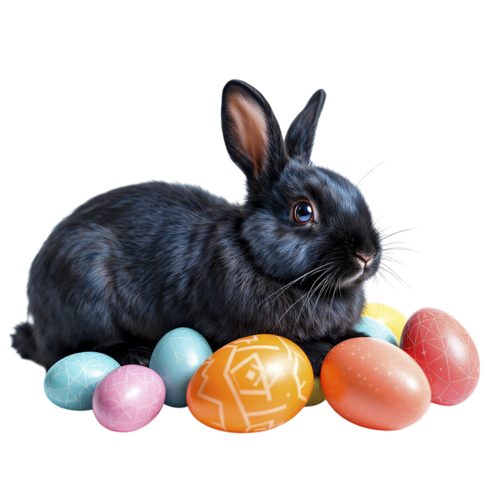 A black rabbit is sitting among colorful eggs png