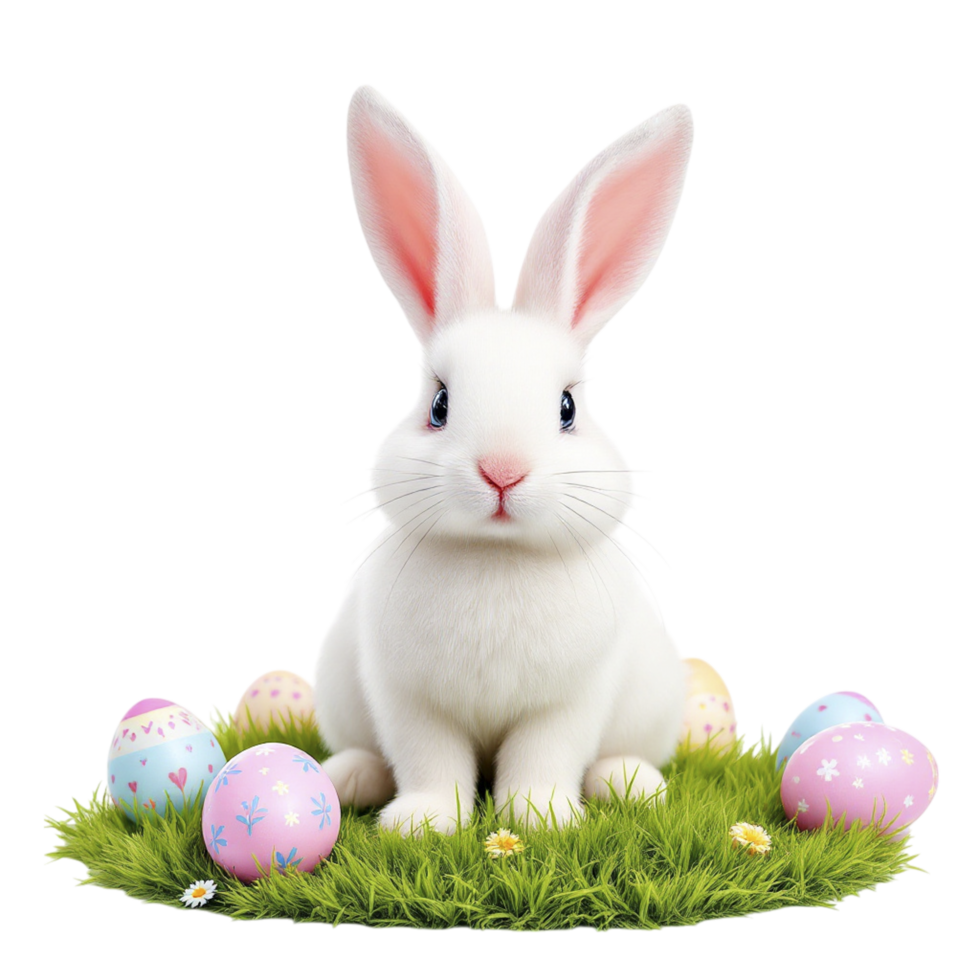An easter bunny is sitting in the grass with eggs png