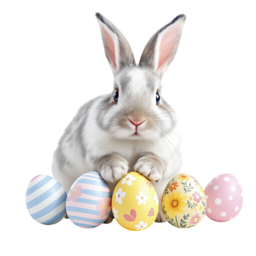 A bunny is sitting next to a bunch of colorful eggs png
