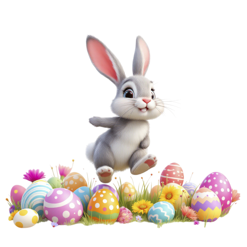 Easter bunny jumping over colorful eggs png
