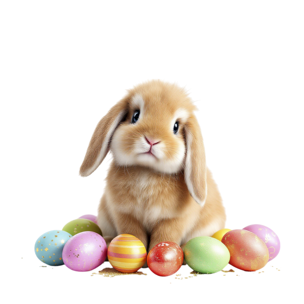 A cute little bunny sitting in front of a bunch of colorful eggs png