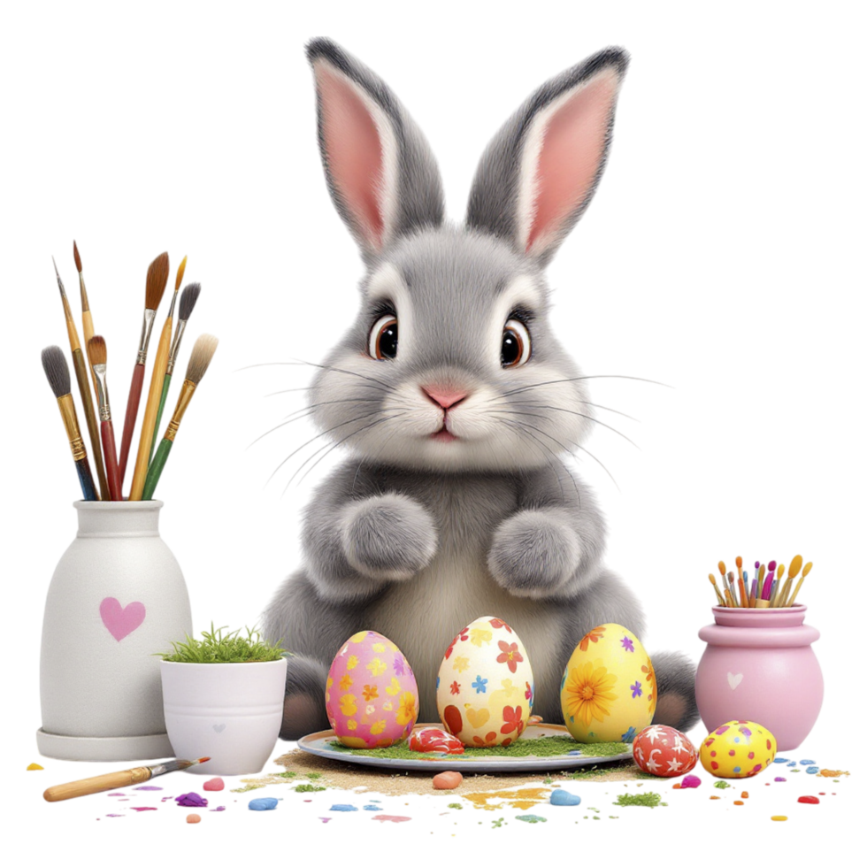 A bunny is sitting on a table with easter eggs and paint png