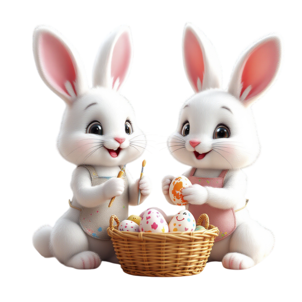 Two white rabbits holding a basket of eggs png