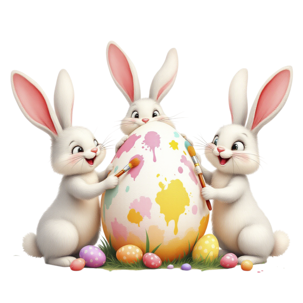 Three white rabbits are holding an easter egg png