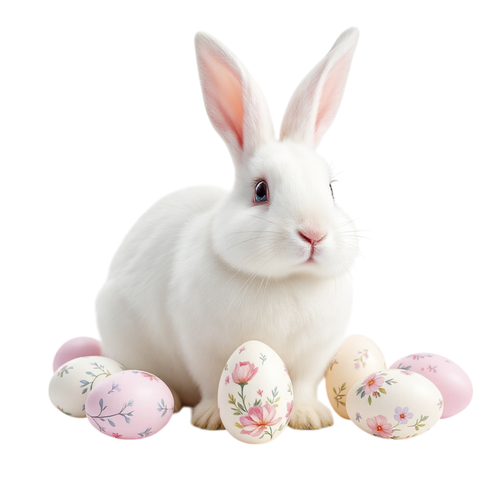 A white rabbit with pink eggs sitting in front of a black background png