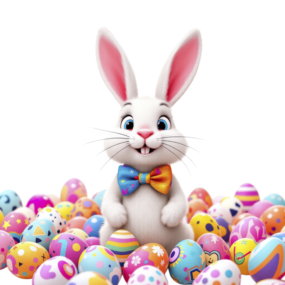 A white rabbit with a bow tie is surrounded by colorful eggs png